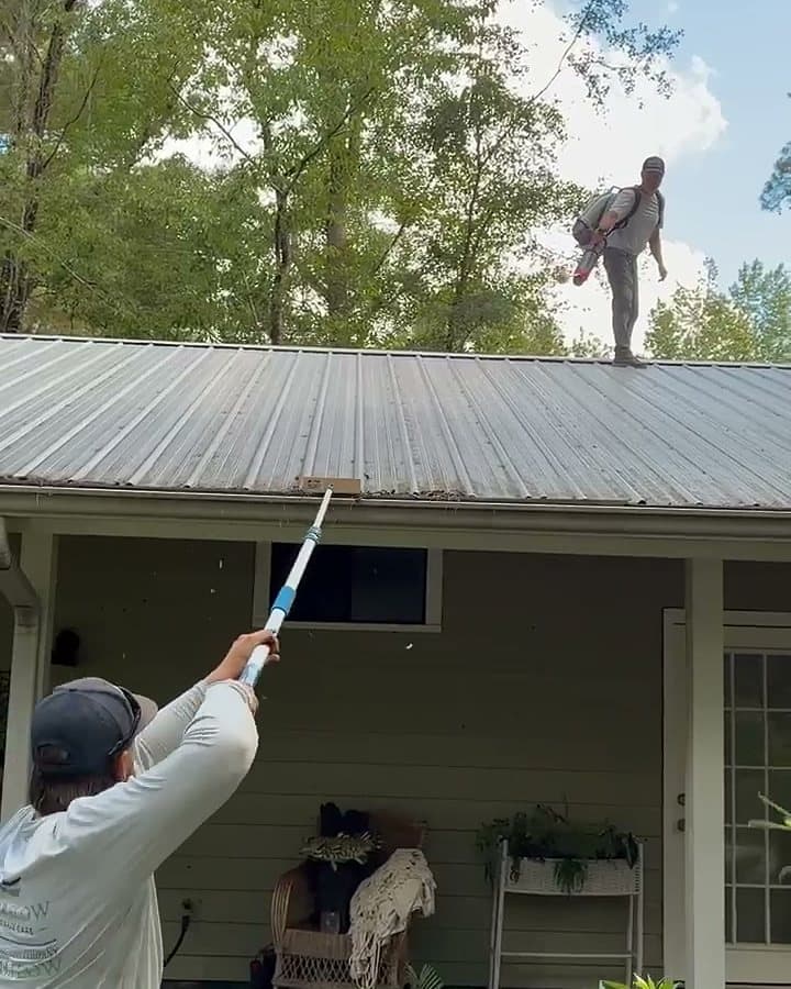 One technician on the metal roof and a second below with the soft-wash pole, rinsing the roof and eave of a Leon County house